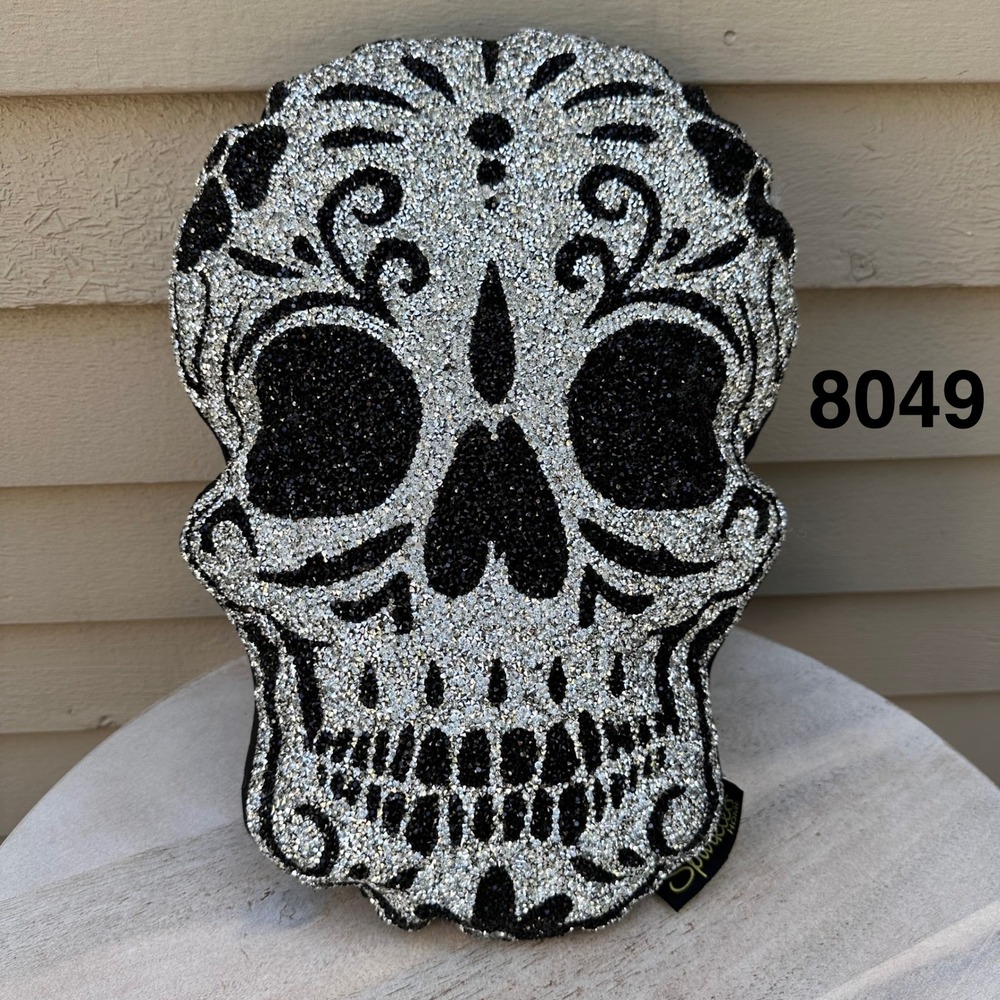 Sparkles Home Rhinestone Skull Pillow Black Silver Halloween Decor Accent NEW